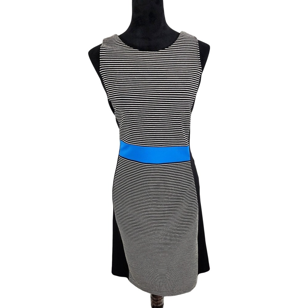 Anne Klein 12 Sheath Dress Ponte Knit Black White Striped Blue Waist Colorblock